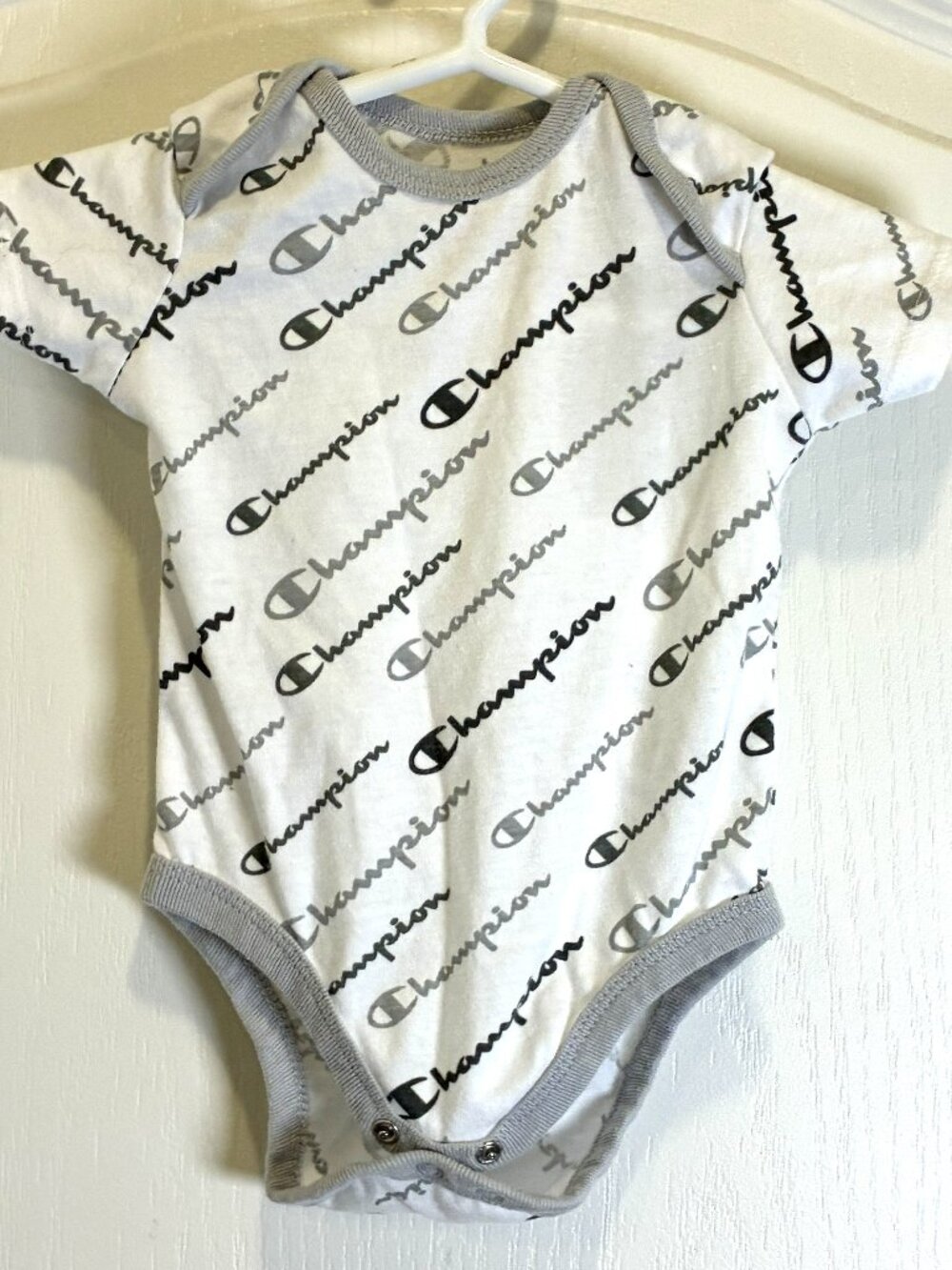 Champion: Child's Onesie,  white with Black and Gray